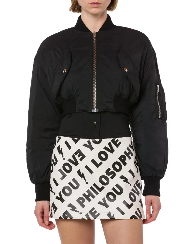 Chic Wardrobe Nylon Cropped Bomber Jacket In Black