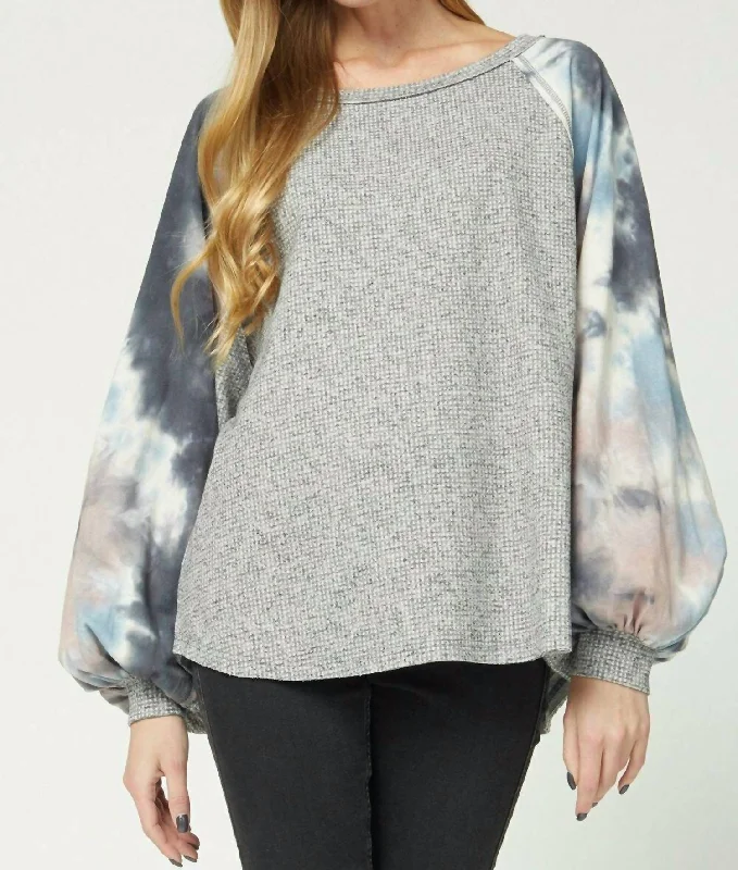 Elevate Your Wardrobe Tie Dye Puffy Sleeve Top In Charcoal