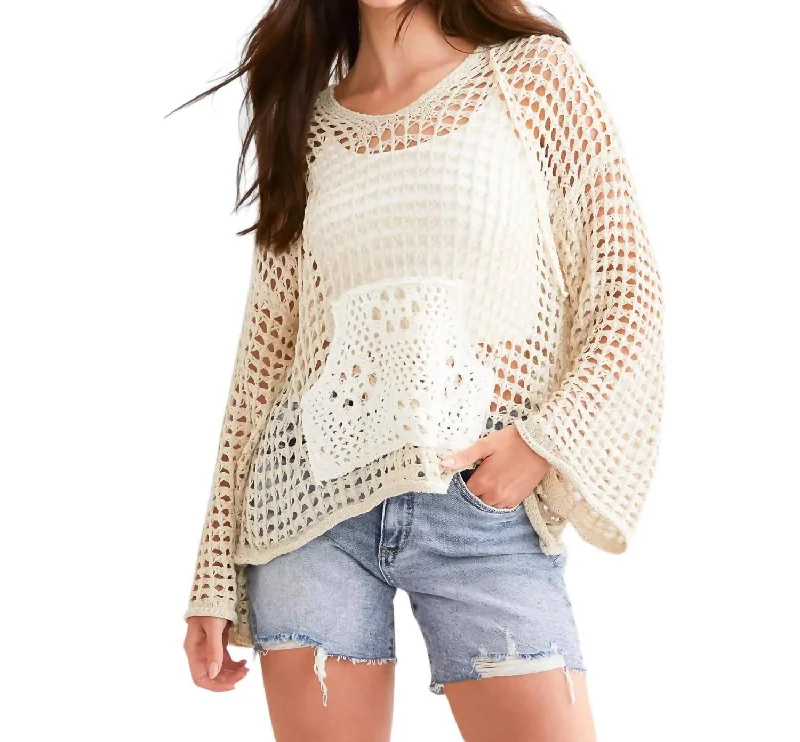 Chic Style, Always In Vogue Open Stitch Hooded Sweater In Natural