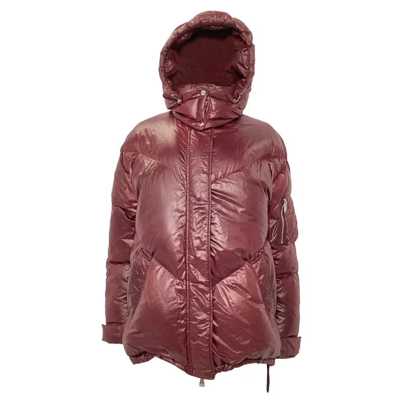 Luxe Layering Iro Secured Button Hooded Down Jacket in Burgundy Polyamide