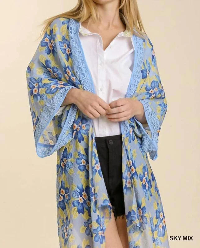 Hot Styles Sheer Floral Print Open Front Kimono With Crochet Detail In Sky