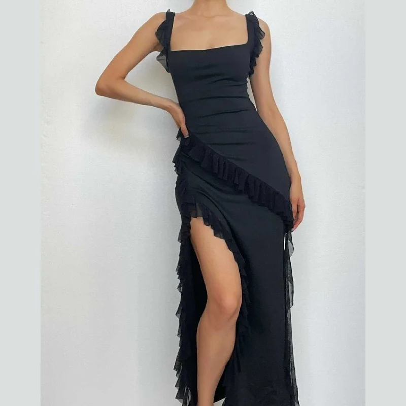 Best Deals Of The Season BerryBetty - Ruffle cap sleeve slit square neck irregular solid maxi dress