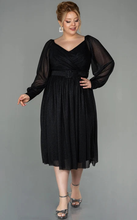 Big Discounts Casual Long Sleeve V-neck Criss-cross Empire Tea-length Plus Size Mother of Bride Dress