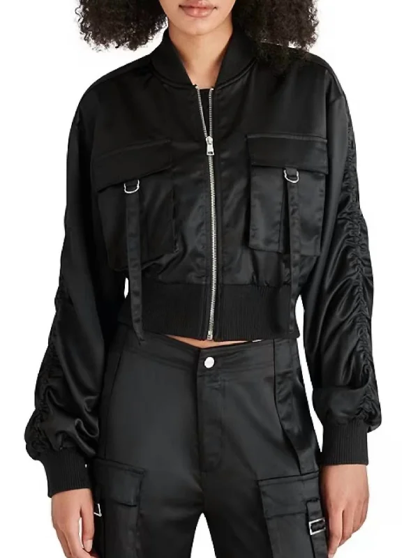 Classic Charm Costa Silk Utility Cropped Bomber Jacket In Black