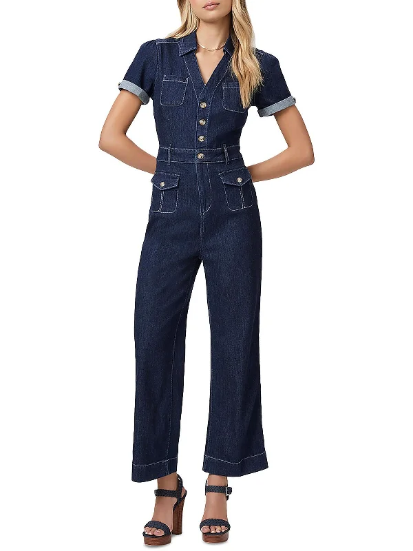 Luxe Layering Darla Womens Denim Cuff Sleeve Jumpsuit