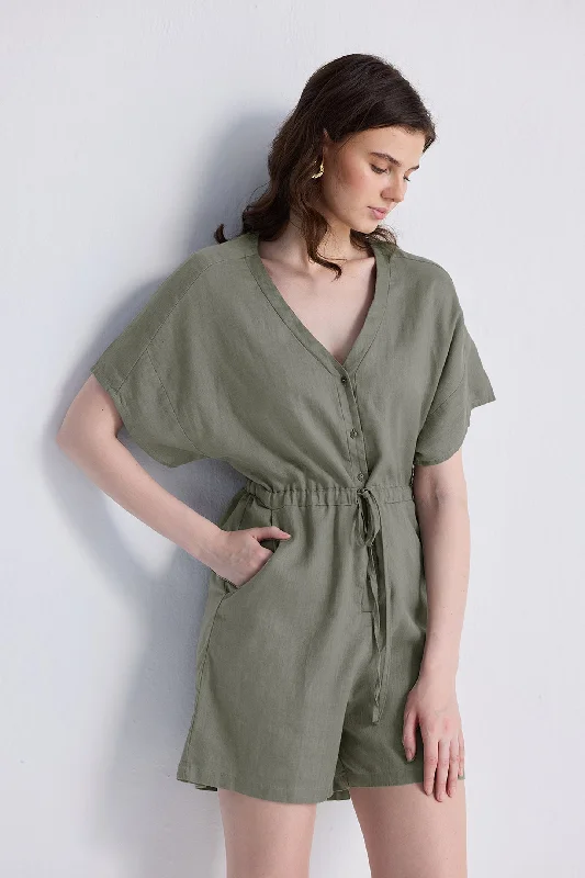 Fashion For Every Occasion V neck Drawstring Romper in Dark Green