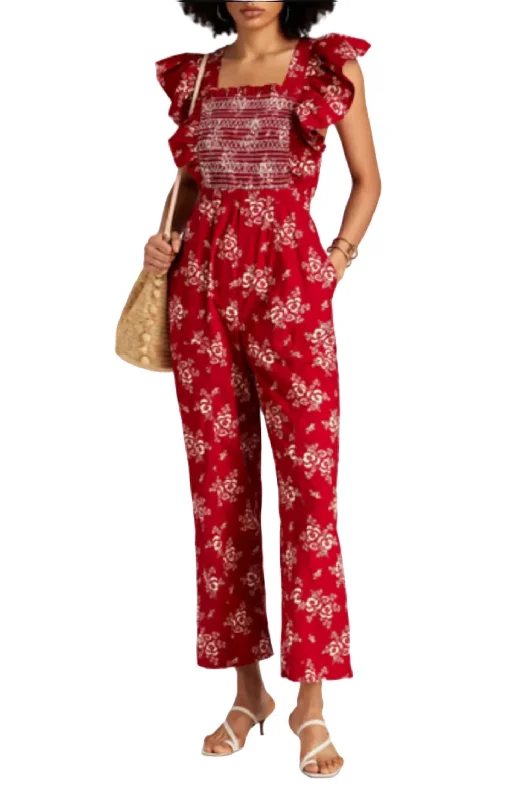 Gift Ideas Alessia Print Smocked Jumpsuit In Red