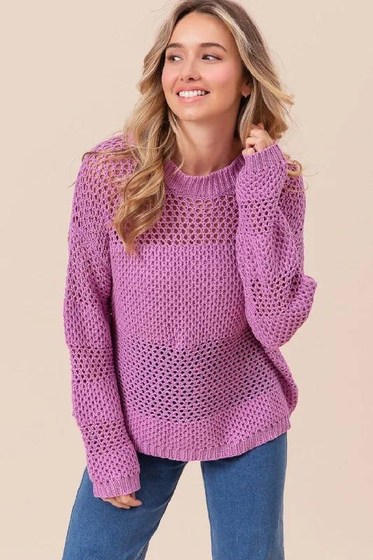 Relaxed Style Openwork Long Sleeve Knit Top