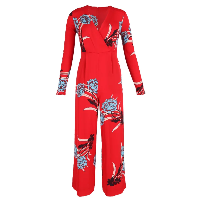 The Epitome Of Modern Women's Fashion Diane Von Furstenberg Floral Print Jumpsuit in Red Viscose