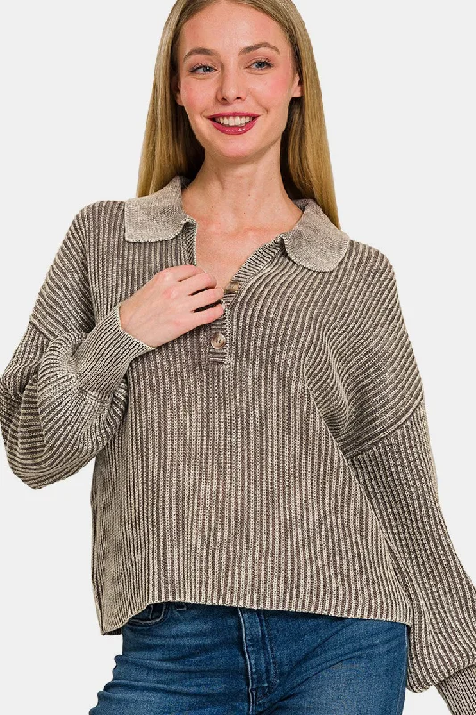 Timeless Elegance Washed Half Button Long Sleeve Sweater