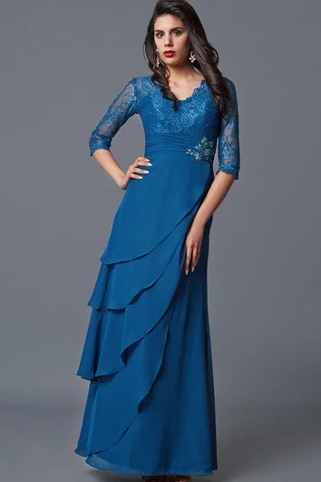 Season Offer Elegant Long-sleeved V-neck Layered Lace and Chiffon Long Formal Dress