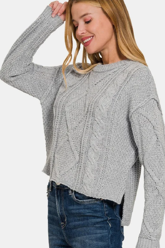 End Of Month Blowout Cropped High Low Cable Sweater with Side Slits