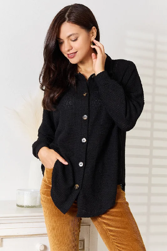 Chic And Comfortable Waffle-Knit Collared Neck Dropped Shoulder Shirt