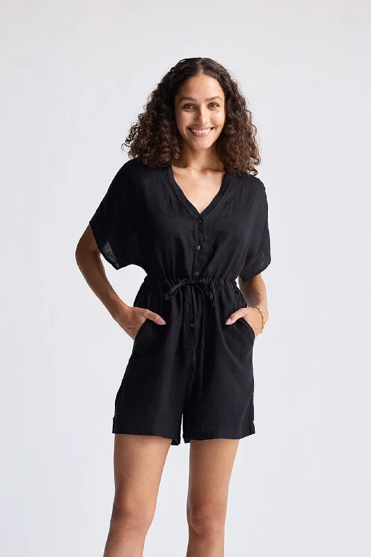 Seasonal Fashion V neck Drawstring Romper in Black