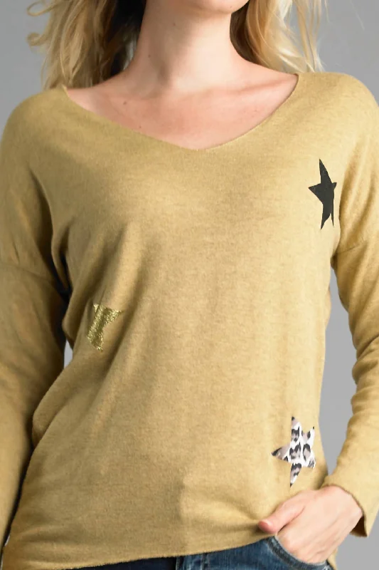 Summer Fashion Lightweight V Neckline Sweater With Stars In Mustard