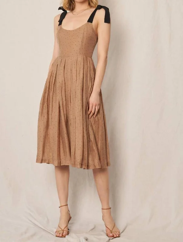 Big Discounts Polka Dot Shoulder Tie Pleated Wide Leg Jumpsuit In Light Brown