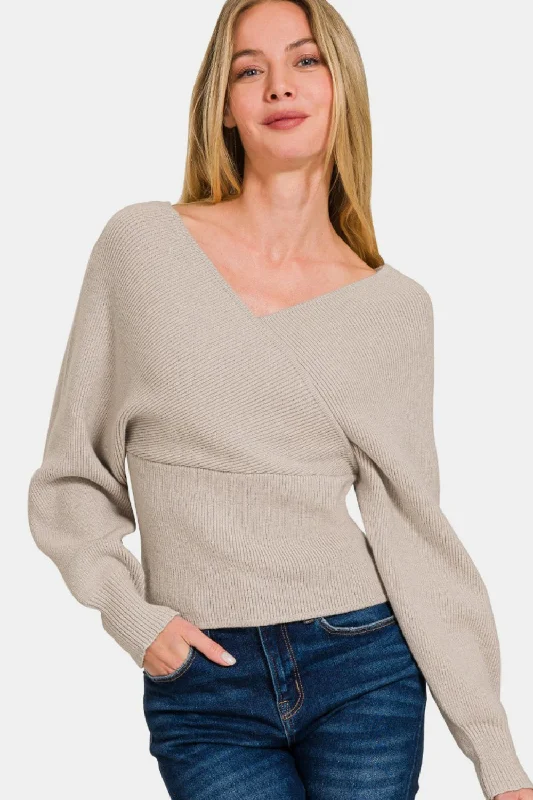 Holiday Sale Cross Wrap Rib Long Sleeve Sweater