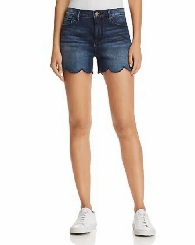 Premium Style Scalloped Hem Jean Shorts In Indigo