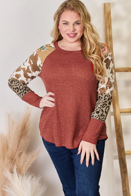 Imeless Style Full Size Leopard Waffle-Knit Blouse