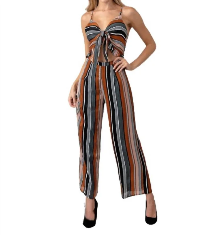 Laid-Back Elegance Tie Front Striped Jumpsuit In Brown Multi