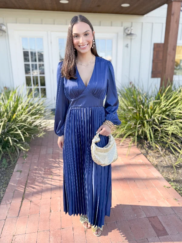 Final Clearance The Roya Pleated Satin Midi Dress-Royal Blue