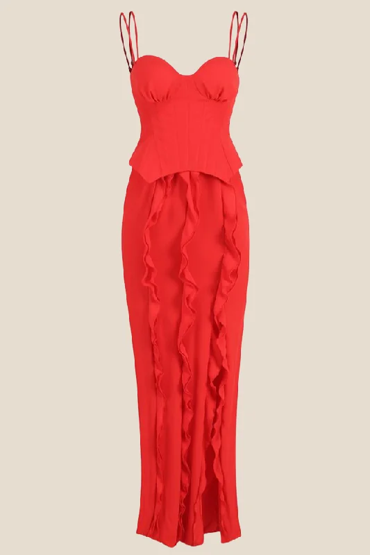 Limited Time Offer Double Straps Red Ruffle Long Dress with Slit