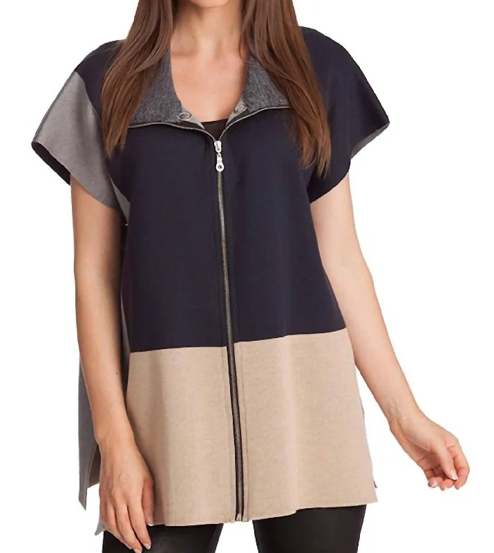 Summer Essentials Color Block Zip Poncho In Navy Multi