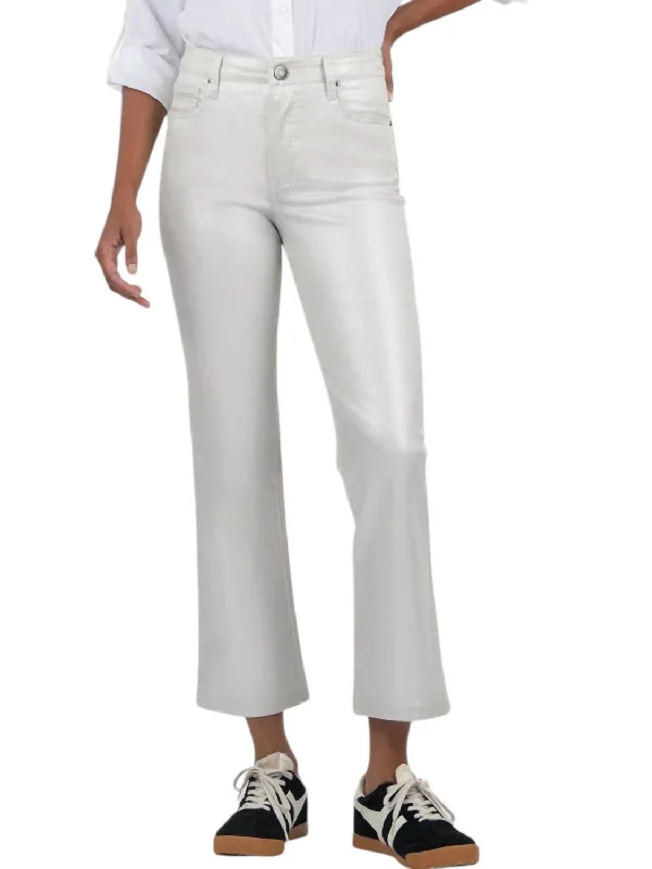 Glamorous Evening Wear Kelsey Coated High Rise Ankle Flare Pants In Light Silver