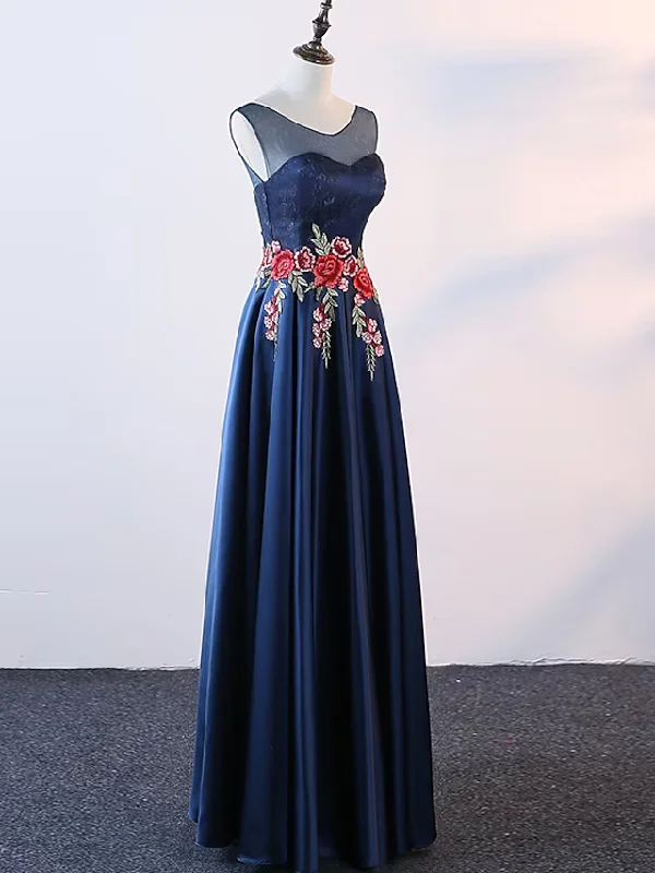 Flash Sale A-Line Evening Gown Elegant Dress Prom Floor Length Sleeveless Jewel Neck Satin with Embroidery Appliques