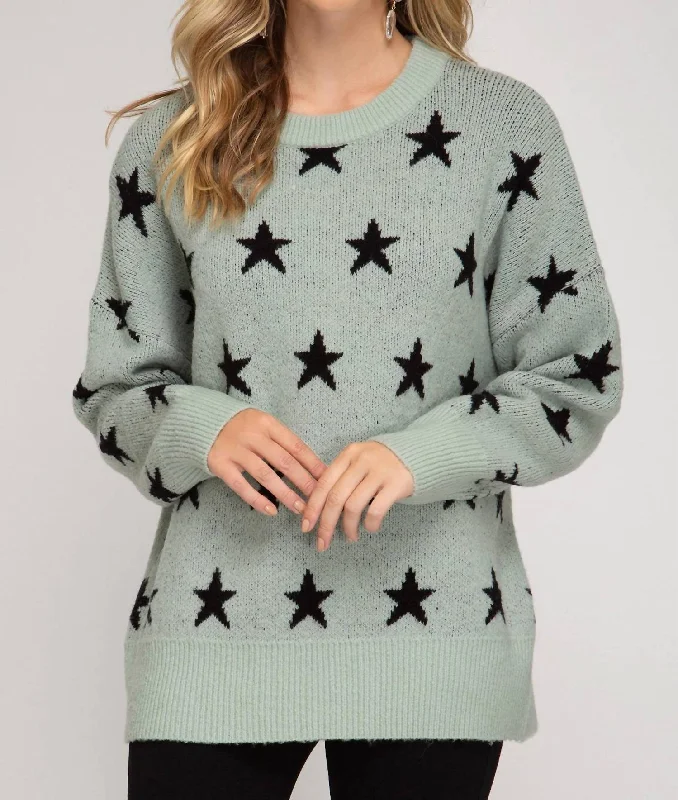 Latest Trends Star Print Slate Tunic Sweater In Green