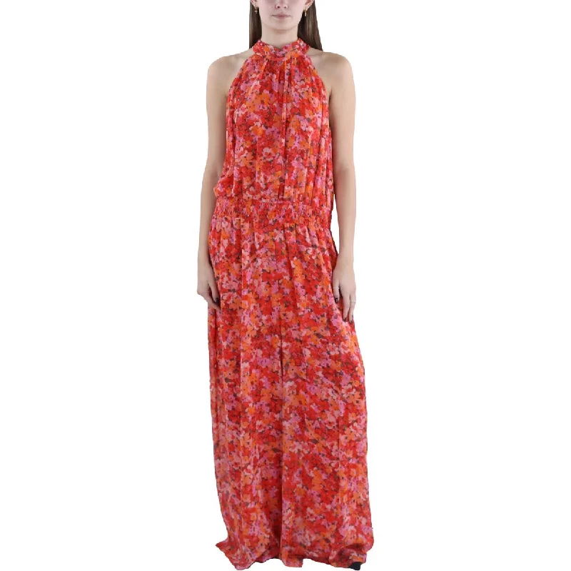 Evening Elegance Plus Womens Floral Print Halter Jumpsuit