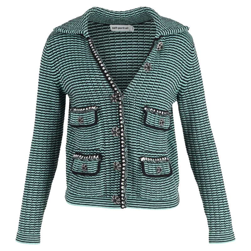 New Season Fashion Preview Self-Portrait Stripe Pocket Detail Collared Cardigan in Green Wool