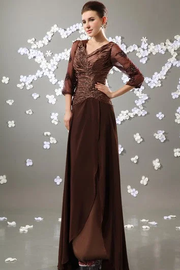 Elegant Simplicity Wardrobe V-Neck 3-4 Sleeve Chiffon Floor-Length Dress With Ruched Top