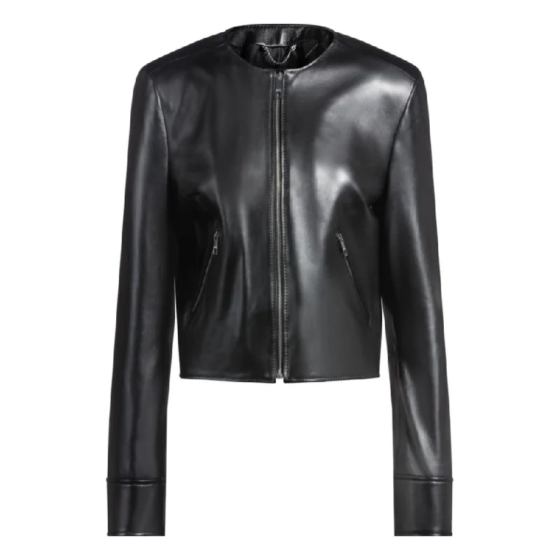 Vibrant Femme Fashion Collarless leather jacket with zip closure