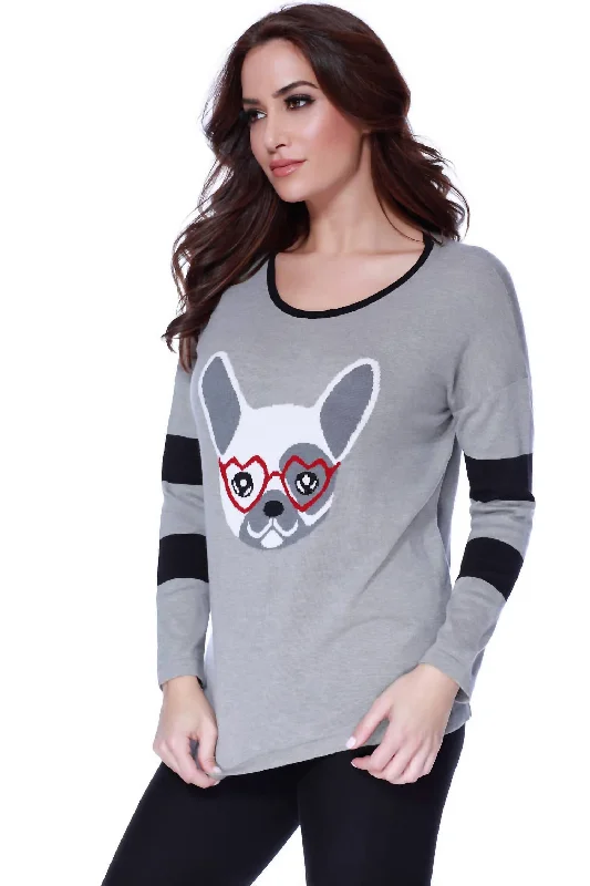 Hot Picks Frenchie Love Pullover In Gray Multi