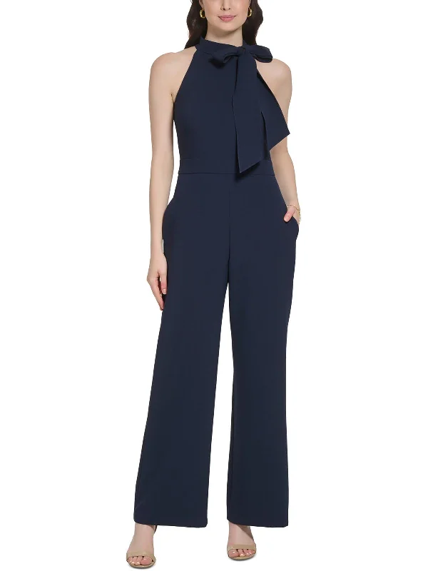 Urban Femme Streetwear Petites Womens Wide Legs Tie-Neck Jumpsuit