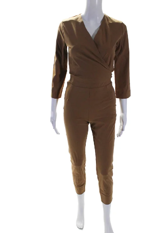 Best Deals Of The Season Aday Womens V-Neck Long Sleeve Destination Jumpsuit One Piece Camel