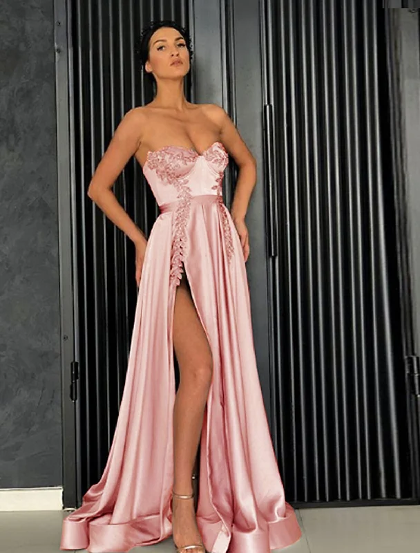 Limited Time Offers A-Line Elegant Party Wear Prom Dress Off Shoulder Sleeveless Floor Length Satin with Pleats Slit