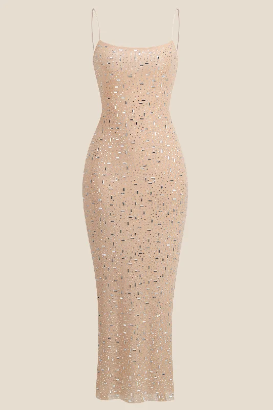 Luxury Comfort Straps Nude Sheer Long Dress With Rhinestone