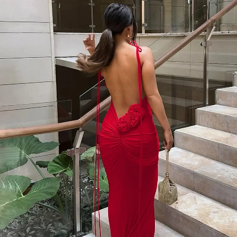 Discover Promotions Floral-applique Backless Maxi Christmas Party Dress