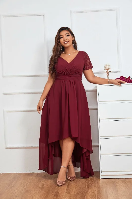 Limited Stock TastyHottie - Lace Burgundy Plus Size Asymmetrical Party Dress