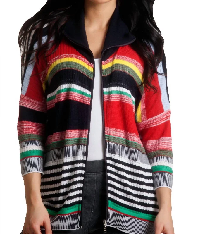 Discount Extravaganza Multi Striped 3/4 Sleeve Cardigan In Navy Multi