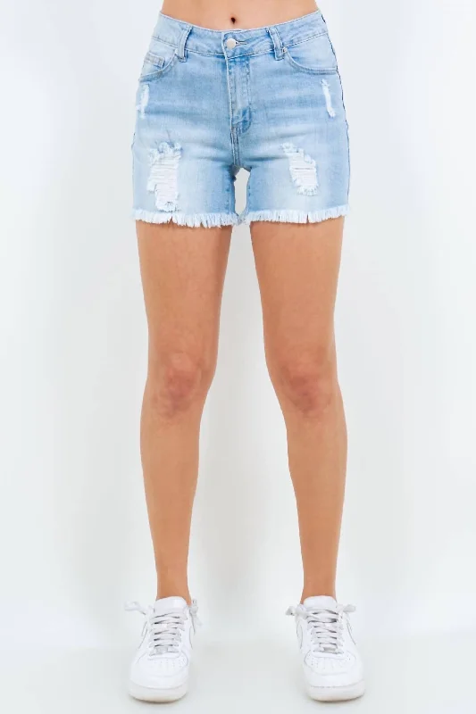 New Season Fashion Preview High Waist Distressed Frayed Denim Shorts In Blue