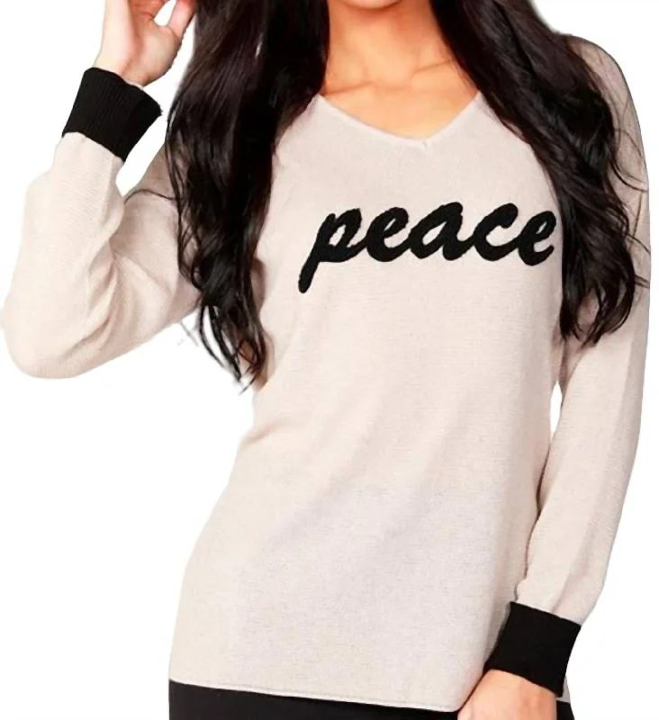 Don't Miss Out Peace V-Neck Top In Beige/black