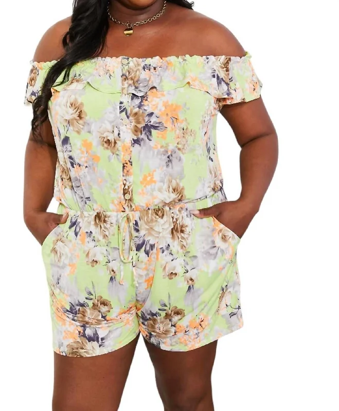 Season Transition Versatile Wear Clearance Full Size Pure Delight Floral Off-Shoulder Romper In Neon Yellow