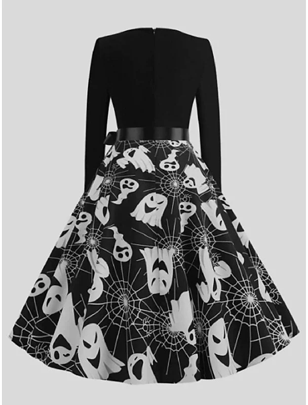 Huge Markdowns A-Line Party Dresses Vintage Dress Halloween Knee Length Long Sleeve Jewel Neck Polyester with Bow(s) Print