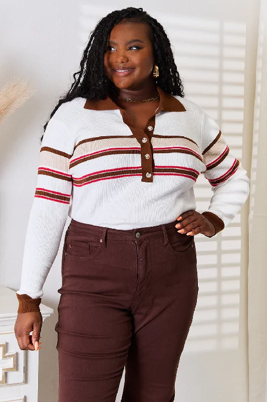 Earthy Tones Striped Collared Neck Rib-Knit Top