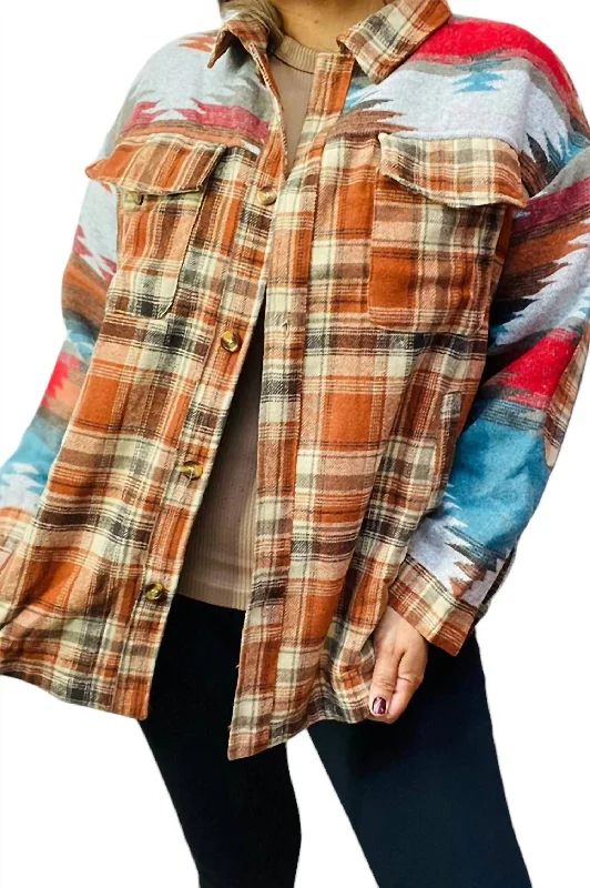 Winter Warm - Up Sale Aztec Flannel Shacket In Orange Multi