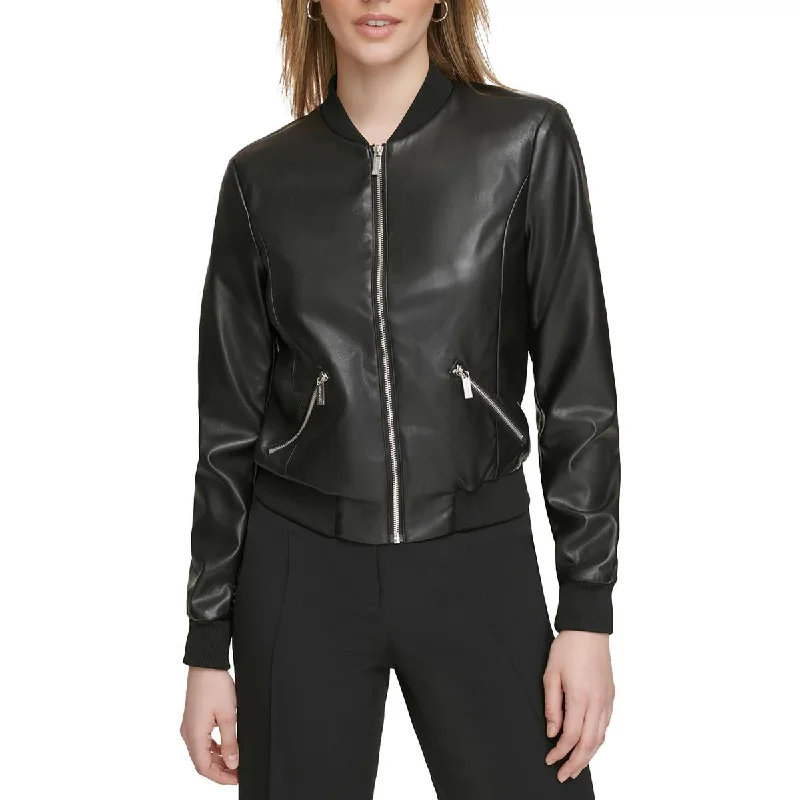 Best Sellers Womens Faux Leather Ribbed Cuffs Bomber Jacket