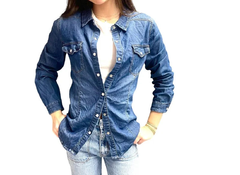 Hollywood Glam Award - Show Style Double Pocket Stretch Shirt In Blue Denim